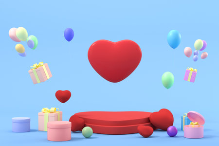 Stage and gifts with lovely background, 3d rendering. Computer digital drawing.の写真素材