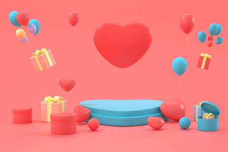 Stage and gifts with lovely background, 3d rendering. Computer digital drawing.の写真素材