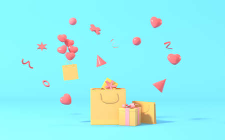 Gifts and balloons with blue background, 3d rendering. Computer digital drawing.の写真素材