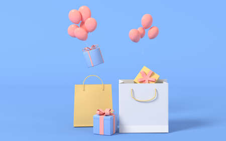 Gifts and shopping bags with blue background, 3d rendering. Computer digital drawing.の写真素材