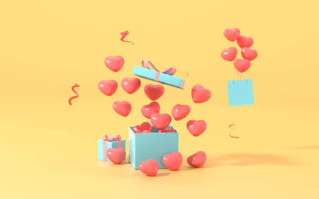 Gifts and balloons with yellow background, 3d rendering. Computer digital drawing.