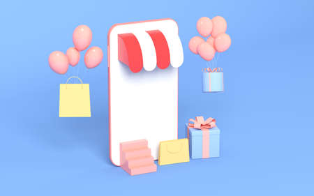 Gifts and phone with blue background, 3d rendering. Computer digital drawing.の写真素材