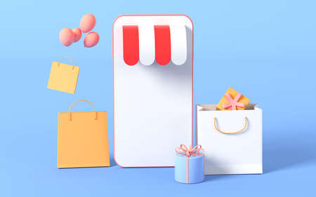 Gifts and phone with blue background, 3d rendering. Computer digital drawing.の写真素材