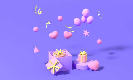 Gifts and shopping bag with purple background, 3d rendering. Computer digital drawing.の写真素材