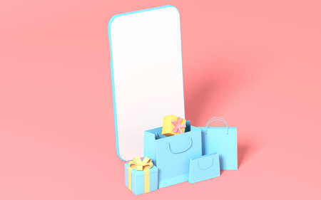 Empty phone and shopping bags with pink background, 3d rendering. Computer digital drawing.