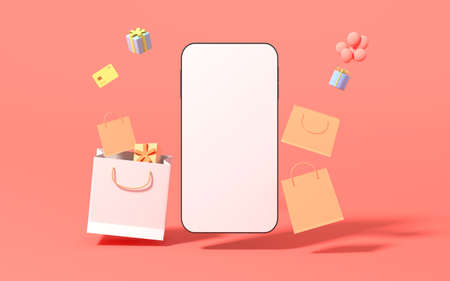 Empty phone and shopping bags with pink background, 3d rendering. Computer digital drawing.の写真素材