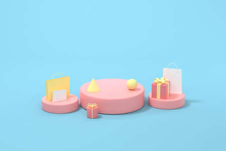 Presents and shopping bags with blue background, 3d rendering. Computer digital drawing.の写真素材