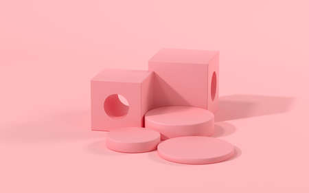 Creative geometry stage with pink background, 3d rendering. Computer digital drawing.の写真素材