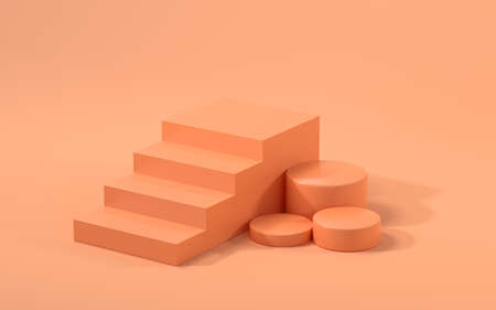 Stage and geometry with orange background, 3d rendering. Computer digital drawing.の写真素材