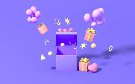 Open gifts and balloons with purple background, 3d rendering. Computer digital drawing.の写真素材