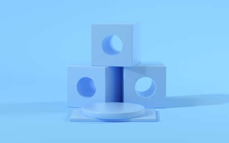 Creative geometry stage with blue background, 3d rendering. Computer digital drawing.の写真素材