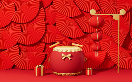 Drum and lanterns with red fans background, 3d rendering. Computer digital drawing.の写真素材