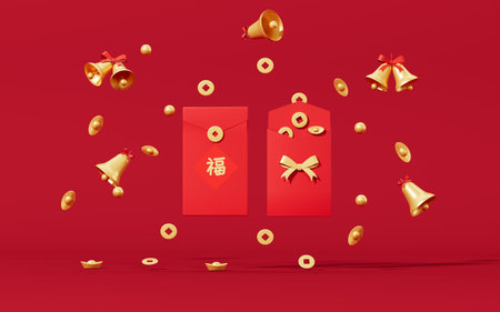 Lots of coins and bells surround red packets, translation on the bag "blessing", 3d rendering. Computer digital drawing.の写真素材