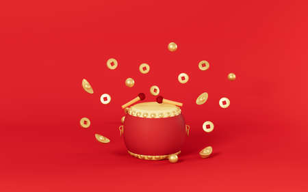 Lots of money and drum with red background, 3d rendering. Computer digital drawing.の写真素材
