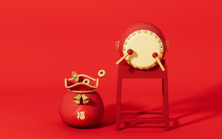 Drum and lucky bag with red background, translation blessing, 3d rendering. Computer digital drawing.の写真素材