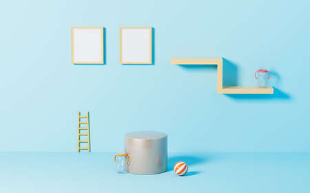 Empty stage and blank with blue background, 3d rendering. Computer digital drawing.