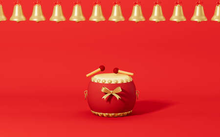 Golden bells and drum with red background, 3d rendering. Computer digital drawing.の写真素材