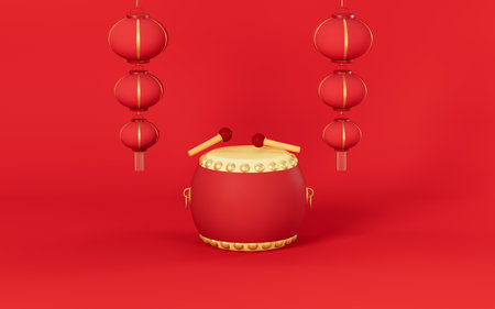 Drum and lanterns with red background, 3d rendering. Computer digital drawing.の写真素材