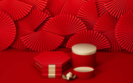 Empty stage with Chinese fans background, 3d rendering. Computer digital drawing.の写真素材