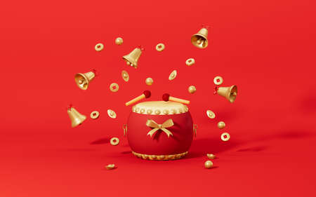 Lots of coins and bells surround the drum, 3d rendering. Computer digital drawing.の写真素材