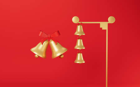Bow tie and golden bells with red background, 3d rendering. Computer digital drawing.の写真素材