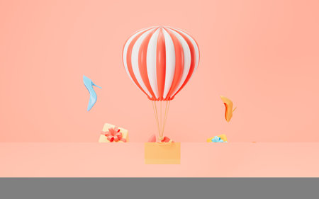Hot air balloon and gifts with pink background, 3d rendering. Computer digital drawing.の写真素材