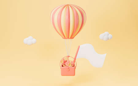 Hot air balloon and gifts with yellow background, 3d rendering. Computer digital drawing.の写真素材