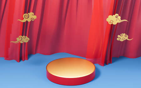 Open treasure box and blue curtains background, 3d rendering. Computer digital drawing.の写真素材