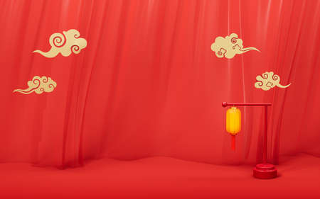 Chinese lantern and red curtains background, 3d rendering. Computer digital drawing.の写真素材