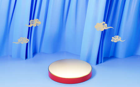 Blue curtains and empty stage with blue background, 3d rendering. Computer digital drawing.の写真素材