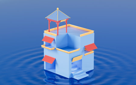 Chinese style architecture with blue background, 3d rendering. Computer digital drawing.の写真素材