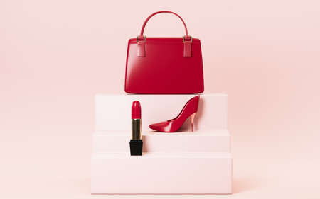 Handbag and lipstick with pink background, 3d rendering. Computer digital drawing.の写真素材