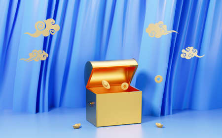 Open treasure box and blue curtains background, 3d rendering. Computer digital drawing.の写真素材