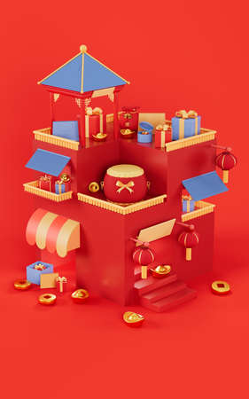 Chinese style architecture and gifts with red background, 3d rendering. Computer digital drawing.の写真素材