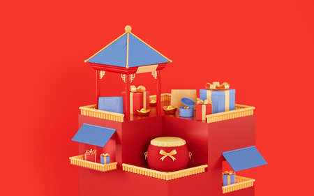 Chinese style architecture and gifts with red background, 3d rendering. Computer digital drawing.の写真素材