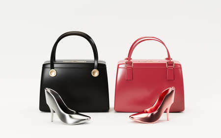 High-heeled shoes and handbags with white background, 3d rendering. Computer digital drawing.の写真素材