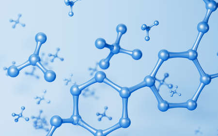 Molecules with blue background, 3d rendering. Computer digital drawing.の写真素材