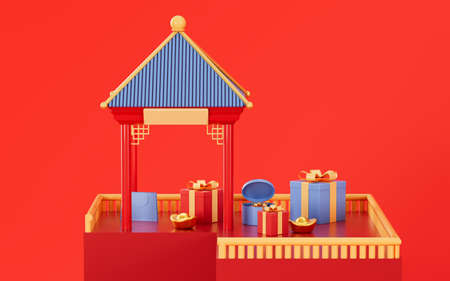 Chinese style architecture and gifts with red background, 3d rendering. Computer digital drawing.の写真素材