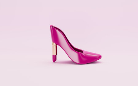 Lipsticks and high heels with pink background, 3d rendering. Computer digital drawing.の写真素材