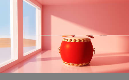 A drum in the pink room, 3d rendering. Computer digital drawing.の写真素材