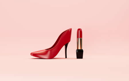 Lipsticks and high heels with pink background, 3d rendering. Computer digital drawing.の写真素材