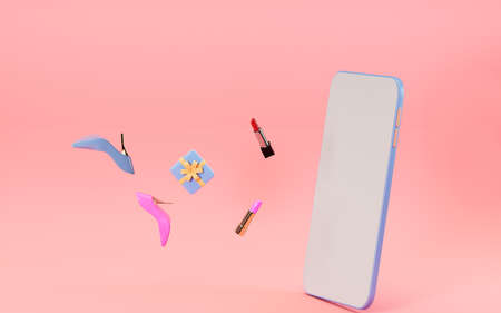 Lipsticks and high heeled shoes, shopping online, 3d rendering. Computer digital drawing.の写真素材