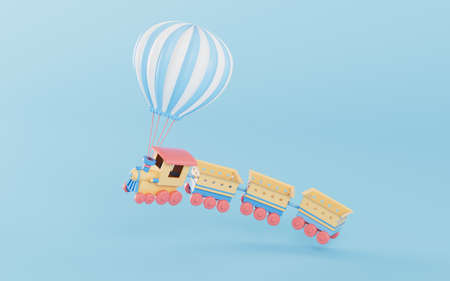 Hot air balloon and cartoon train, 3d rendering. Computer digital drawing.の写真素材