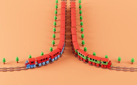 Trains runs on the rail track, 3d rendering. Computer digital drawing.の写真素材
