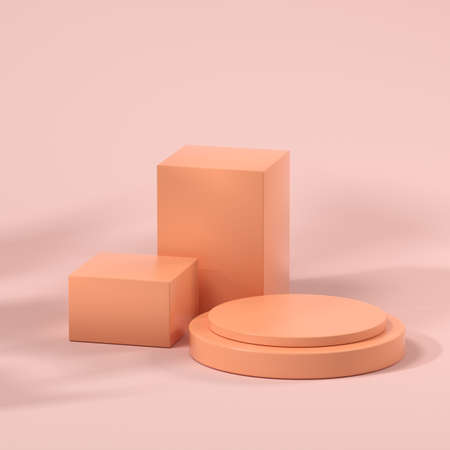 Stage and geometry with orange background, 3d rendering. Computer digital drawing.の写真素材