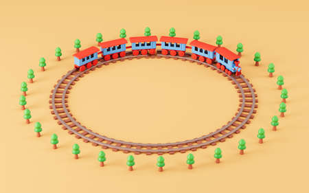 Train runs on the circular train track, 3d rendering. Computer digital drawing.