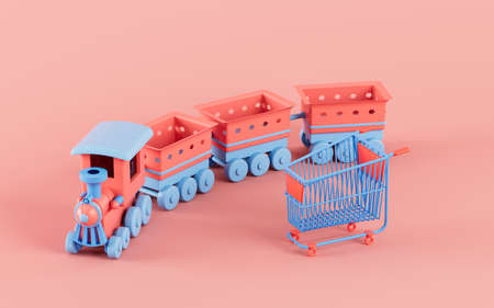 Shopping cart and train, shopping online, 3d rendering. Computer digital drawing.の写真素材