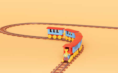 A train runs on the railroad track with yellow background, 3d rendering. Computer digital drawing.の写真素材
