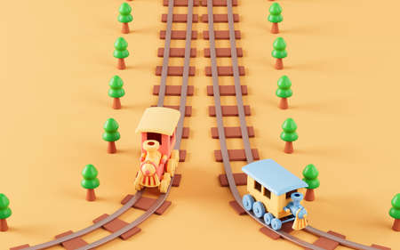 Trains runs on the rail track, 3d rendering. Computer digital drawing.の写真素材