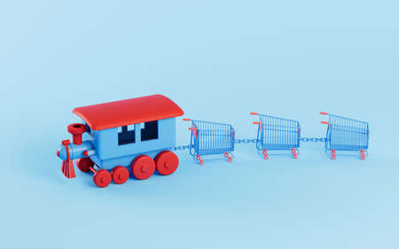 Shopping cart and train, shopping online, 3d rendering. Computer digital drawing.の写真素材